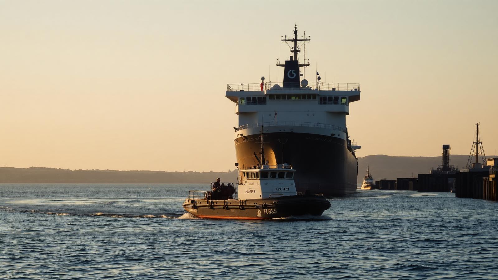 Bunker barge alongside a large vessel at anchorage