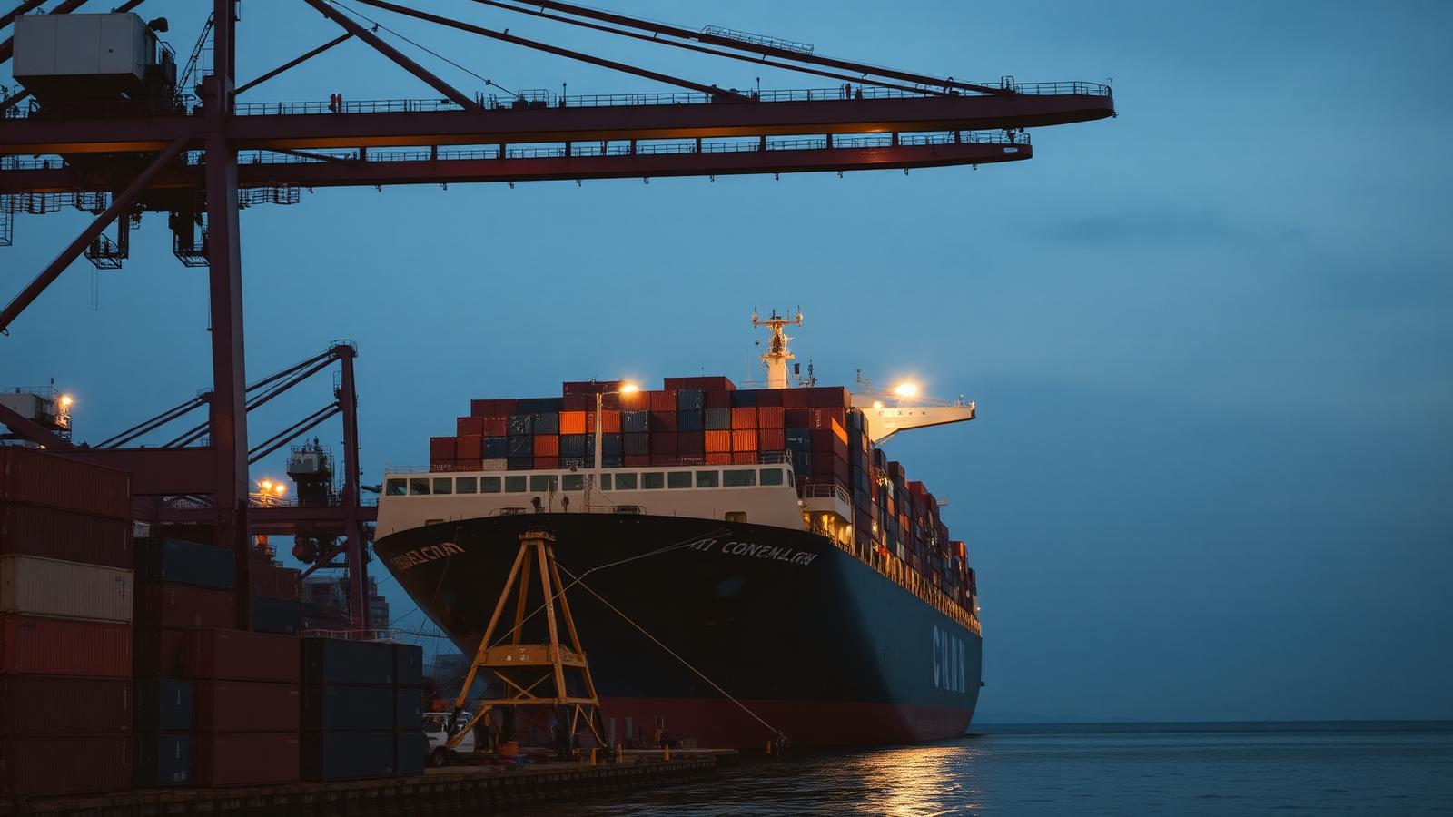 Container ship being worked by gantry cranes at a terminal at dusk