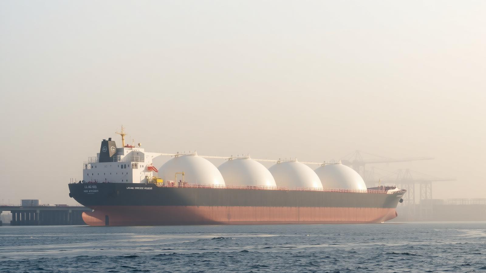 LNG carrier with spherical tanks alongside a gas terminal jetty