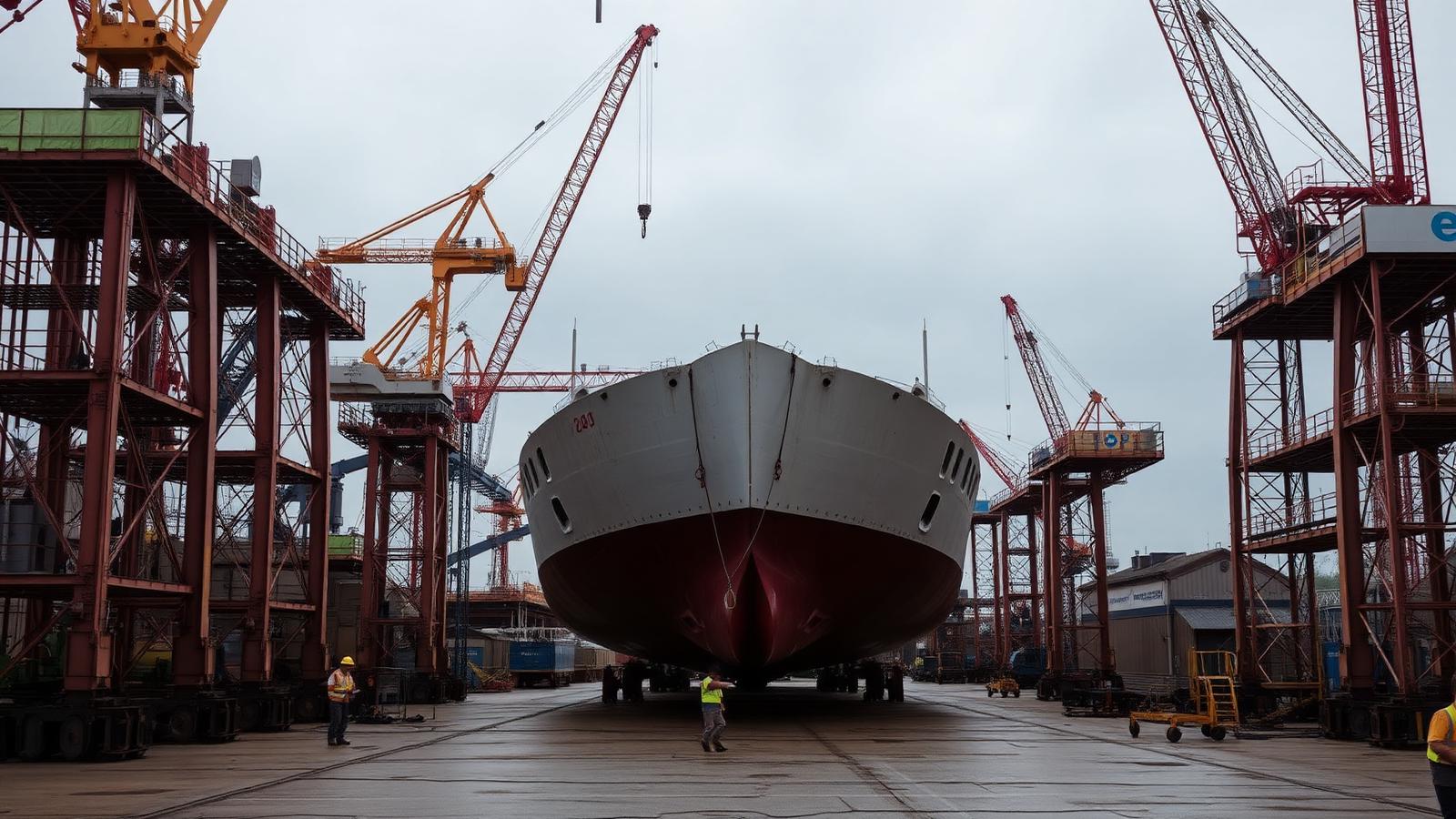 New vessel hull under construction in a shipyard drydock